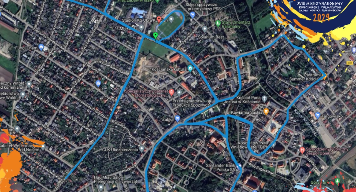 Zdjęcie przedstawia mapkę z trasą biegu kościańskiego półmaratonu 2024