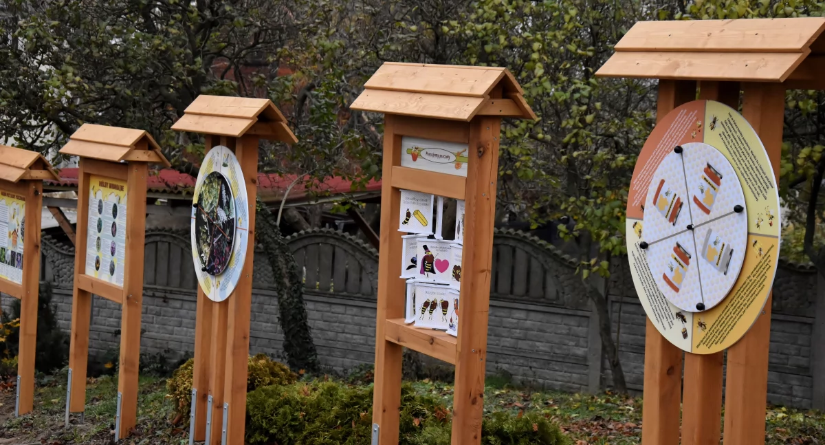 Zdjęcie przedstawia ścieżkę edukacyjną w nowej pasiece pokazowej w Starym Bojanowie