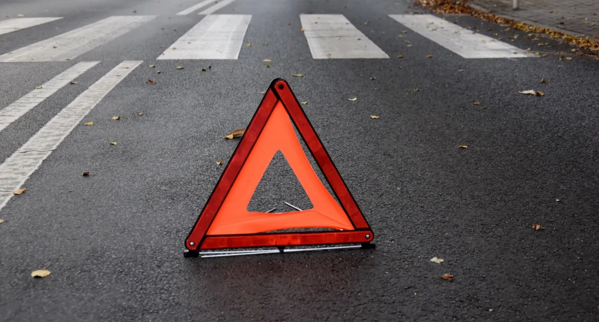 Zdjęcie przedstawia stojący na jezdni znak uwaga